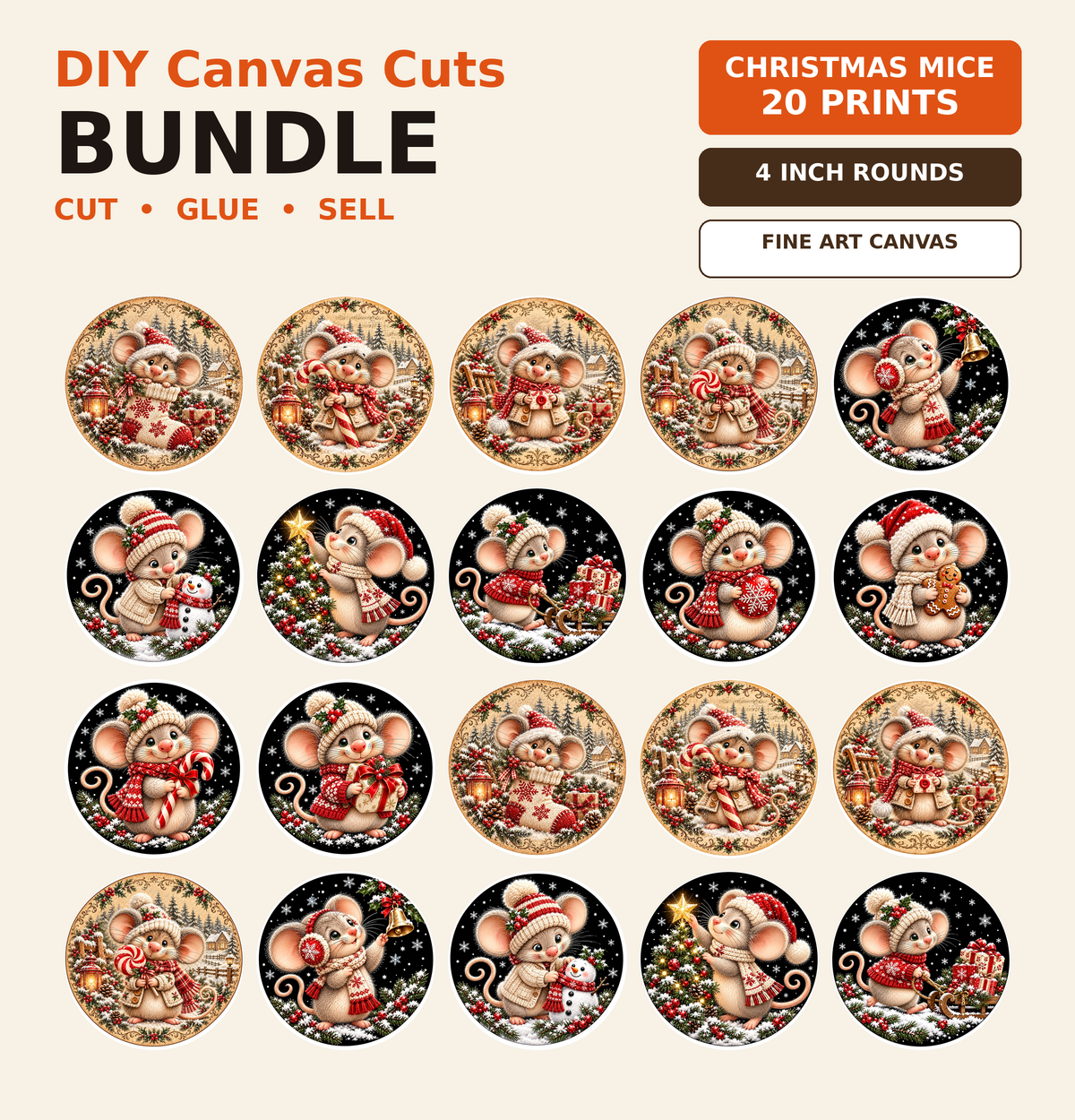 Christmas mice round ornament canvas bundle - 20 round mice prints, 4 inch rounds
