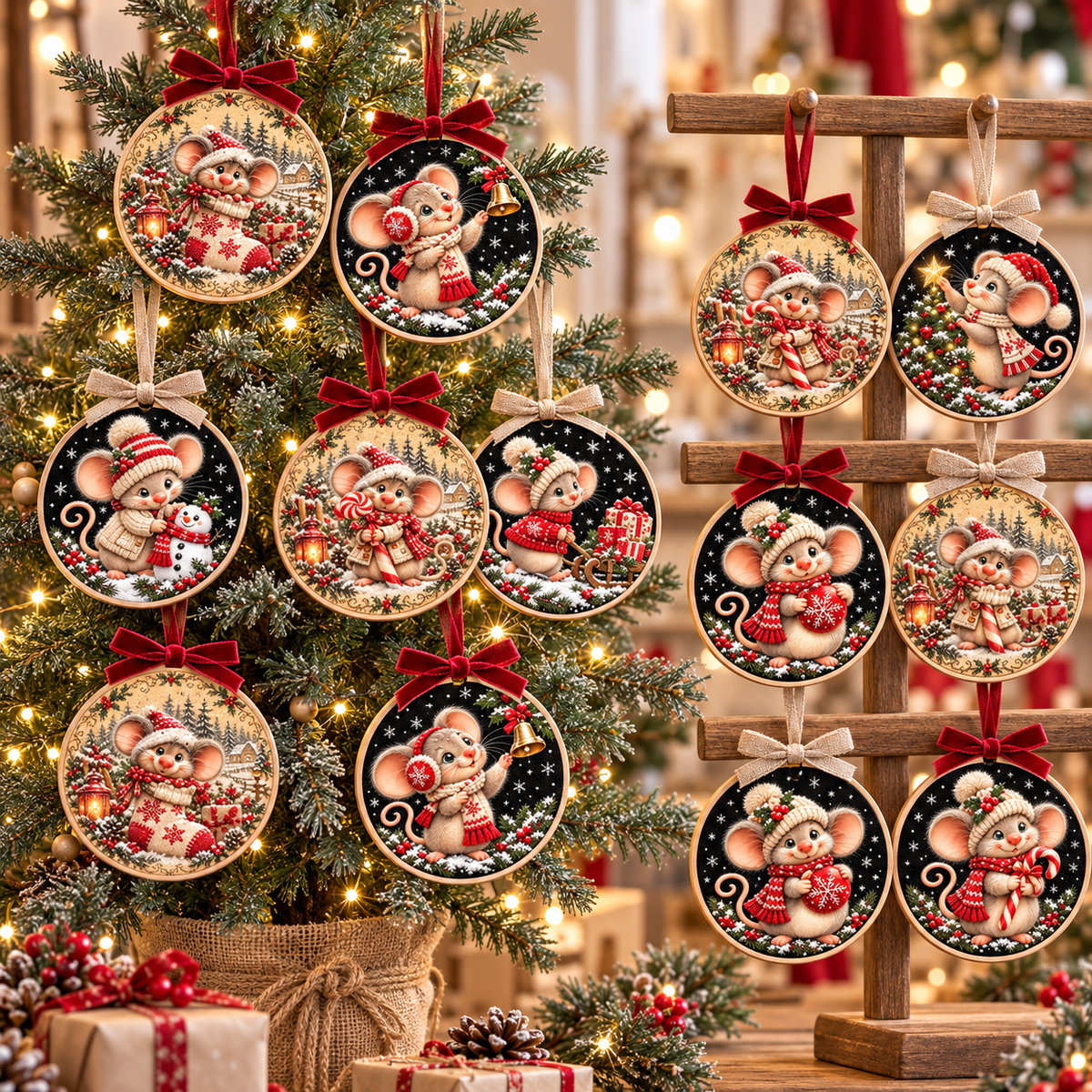 Christmas mice round ornaments hanging on a Christmas tree and ornament stand
